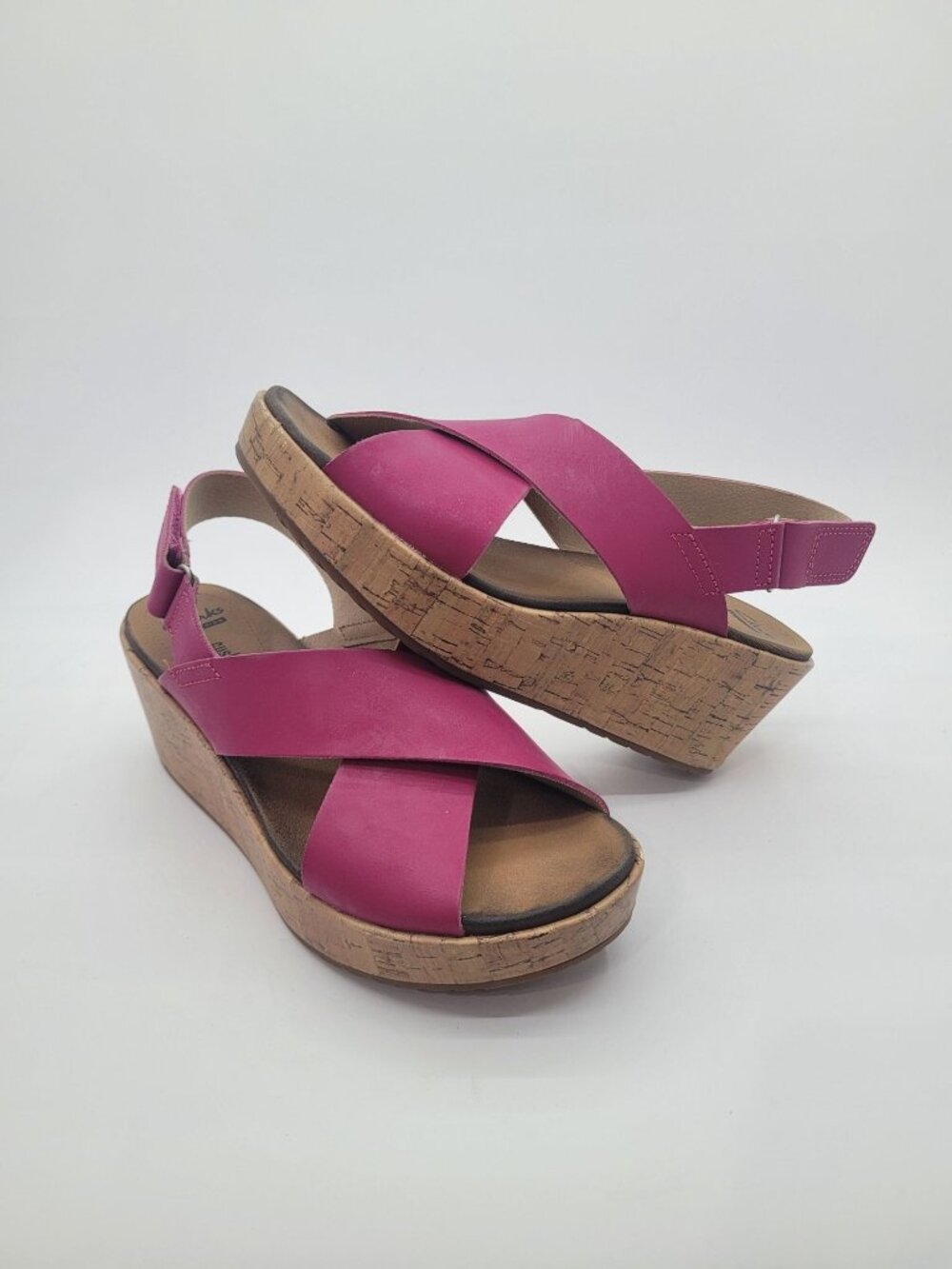 Clarks Stasha Hale Wedge Sandals Pink Fuchsia Adjustable Ankle Women's Size 8